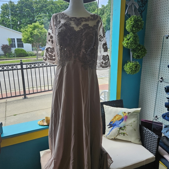 None Dresses & Skirts - Embellished Taupe Long Sleeve Evening Gown